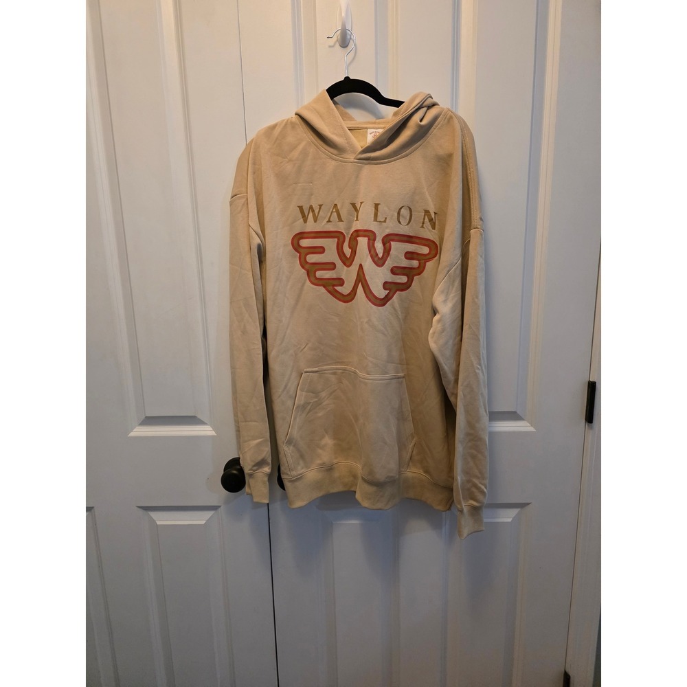 Waylon Jennings Flying W Logo Graphic Hoodie Tan Beige Mens 3XL Oversized